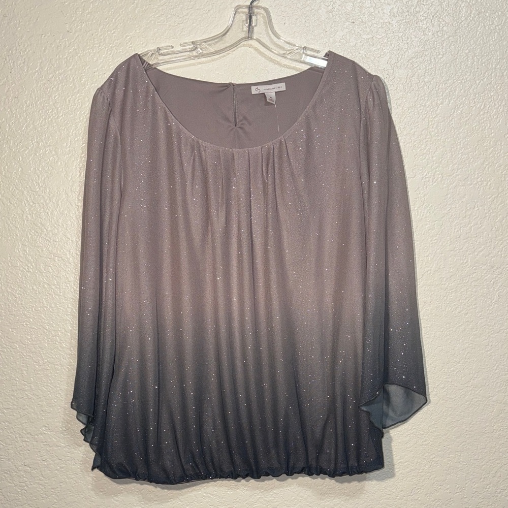 Womens XL Elegant Sheer Shimmer Blouse Gray Ombre Flowy Dressy Top